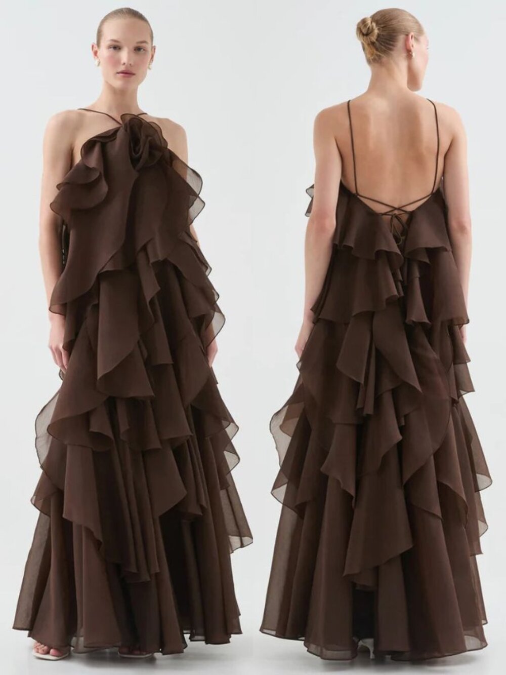 Aje Pandorea Dress Carob Brown Ruffle Rosette Layered Maxi NWT Size AU 10/US 6 - Picture 11 of 11